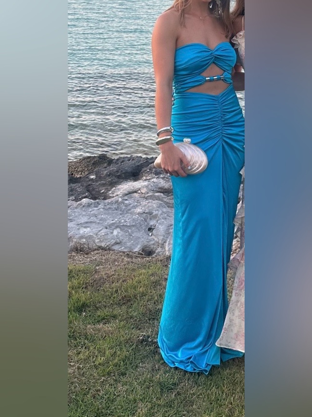 Et Ochs Corinne Strapless Turquoise Ruched Maxi Dress with Cutout Detail